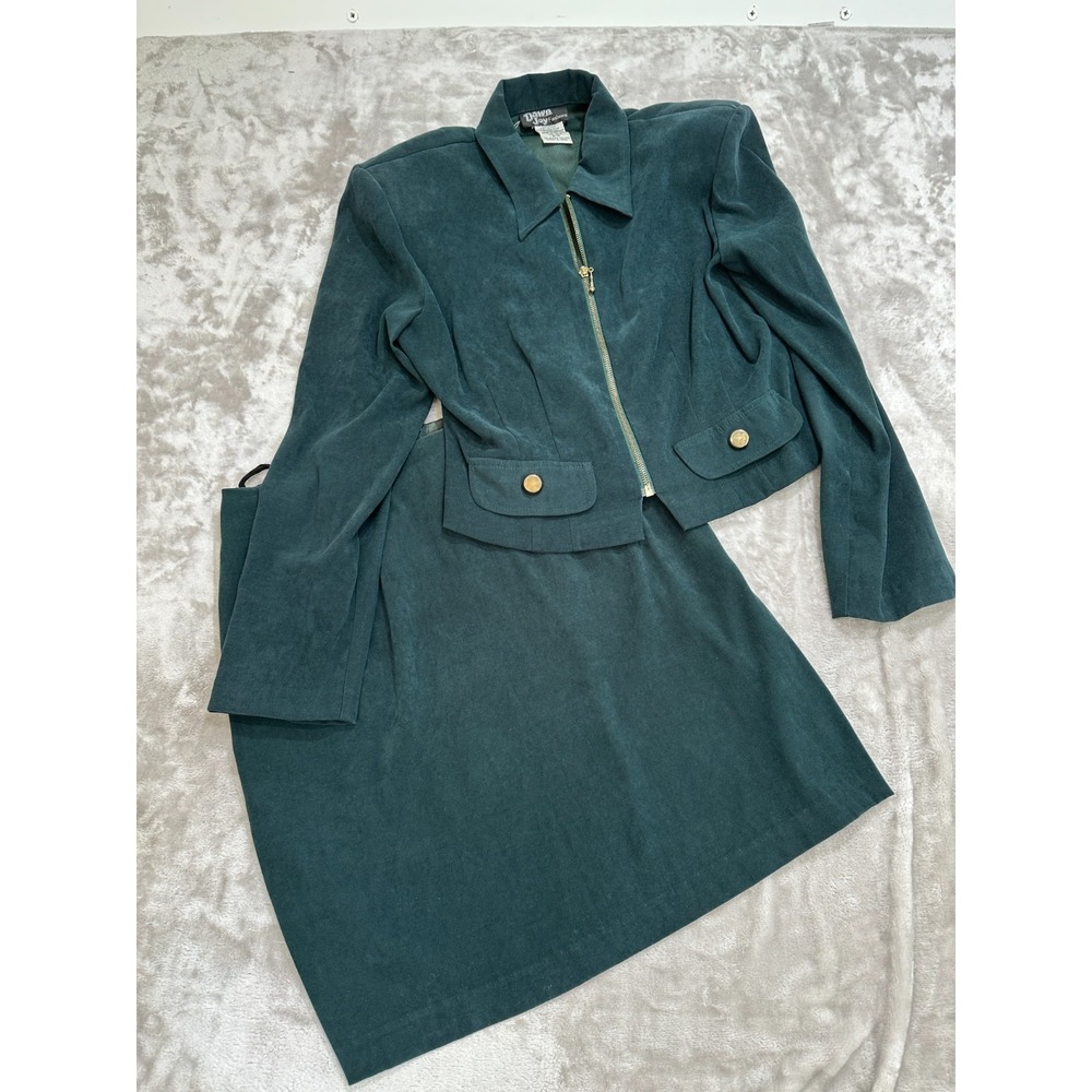 Vintage Dawn Joy Skirt Jacket Suit Women's Siez 10 Green Zip Cropped Jacket 2 Pc
